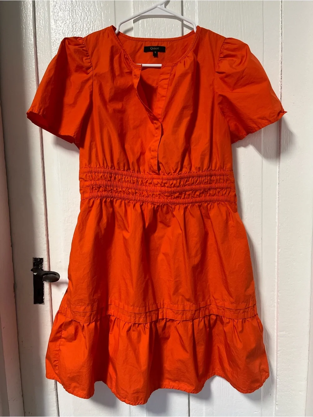 Quince 100% Organic Cotton Tiered Mini Dress Orange Vermillion Red size S - Picture 1 of 8